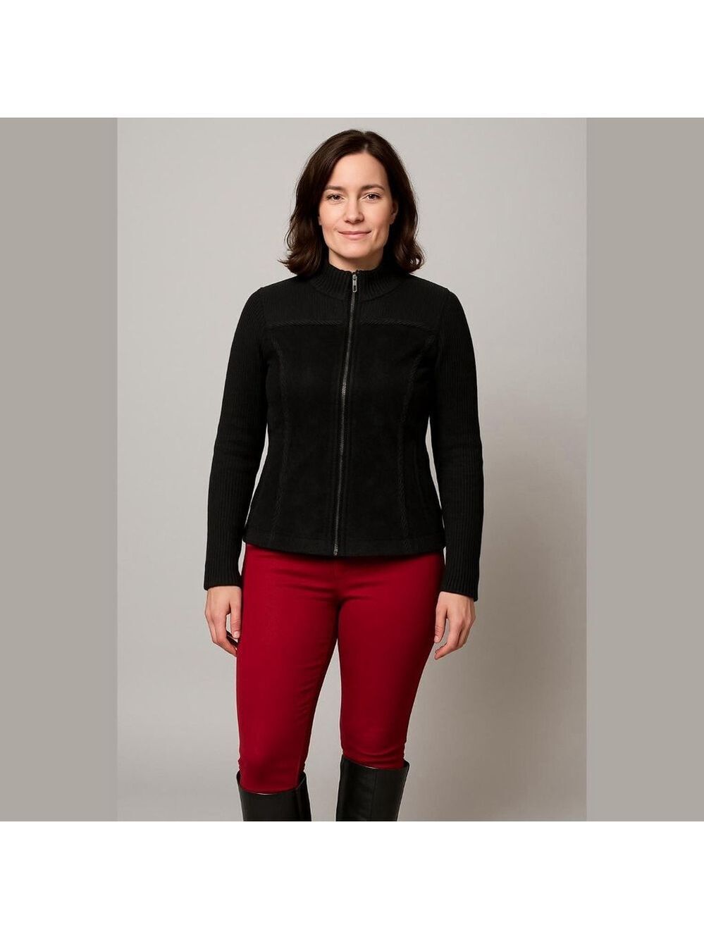 Women's Willi Smith Black Leather (Suede) Knit Trim Zip-Up Sweater Jacket L